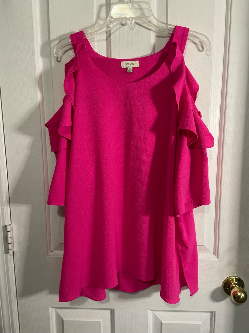 Umgee Hot Pink Cold-Shoulder Ruffle Top